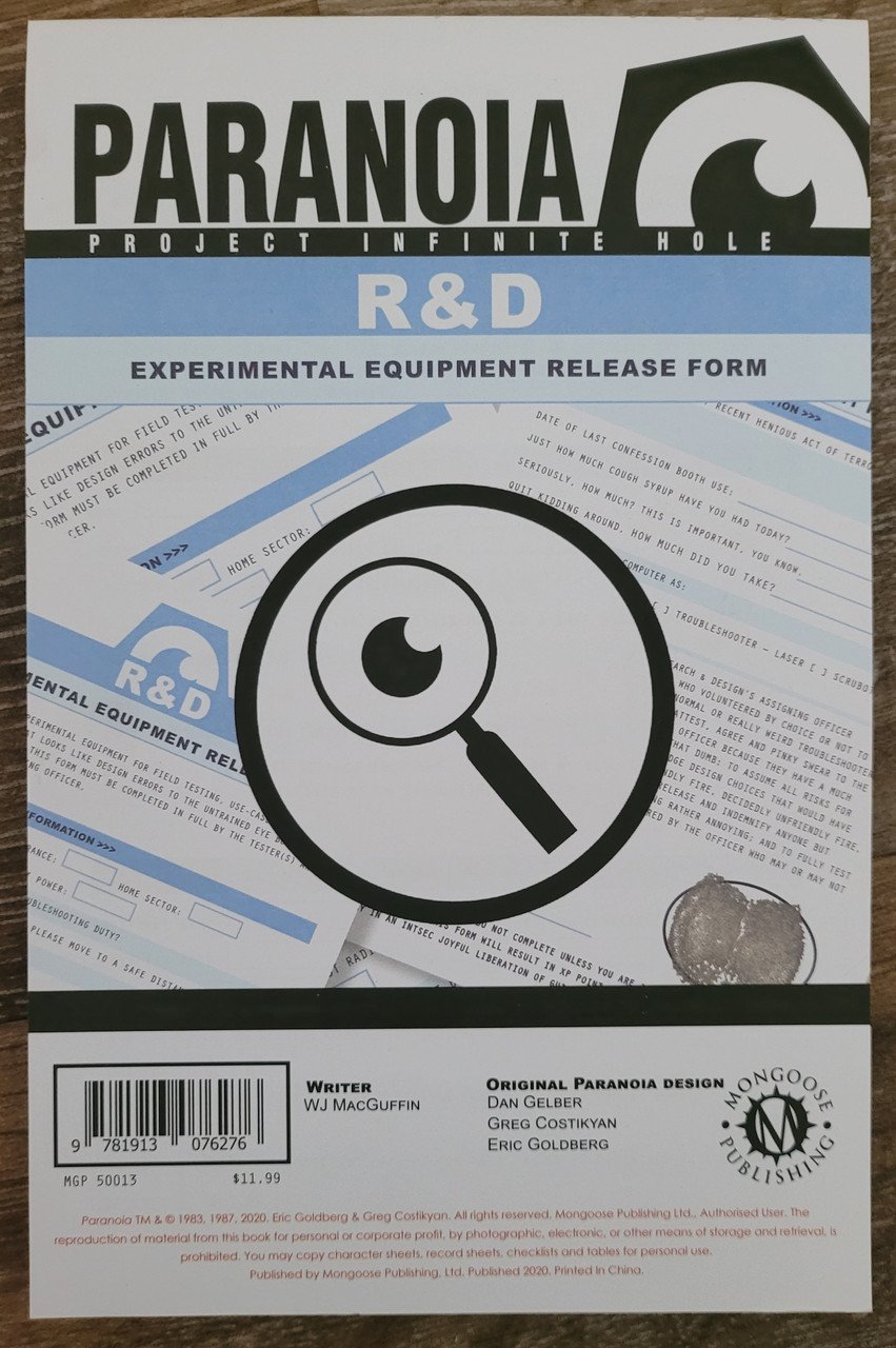 Paranoia RPG The R & D Experimental Equipment form pad (*See Per Order Flat Rate Shipping)