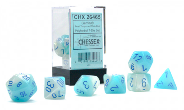 Chessex Dice Gemini Peral Turquoise - White Poly 7 Dice Set