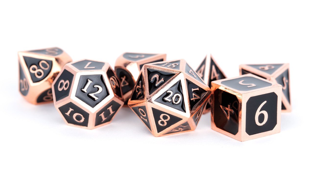 Metallic Dice Set: 16mm Antique Copper with Black (7) (*See Per Order Flat Rate Shipping)