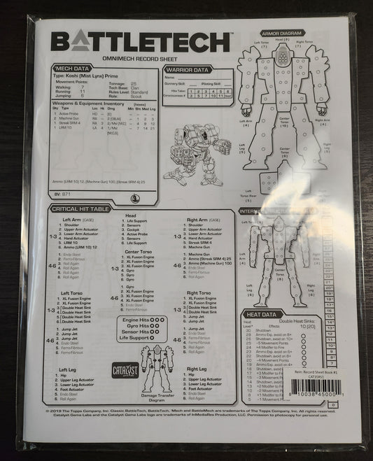 Battletech Rein Record Sheet Book #1 fallout (*See Per Order Flat Rate Shipping)