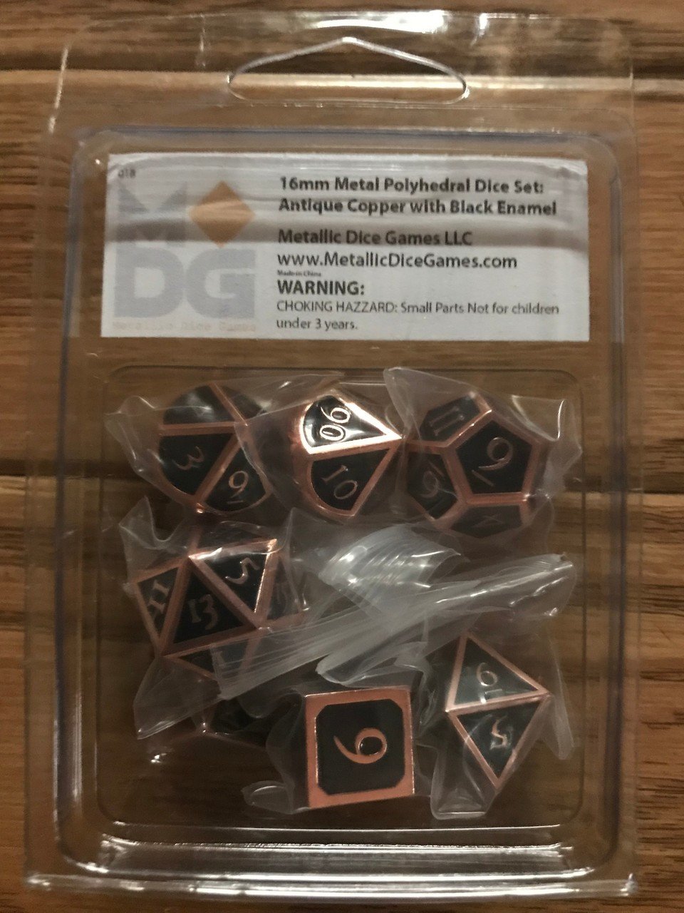 Metallic Dice Set: 16mm Antique Copper with Black (7) (*See Per Order Flat Rate Shipping)