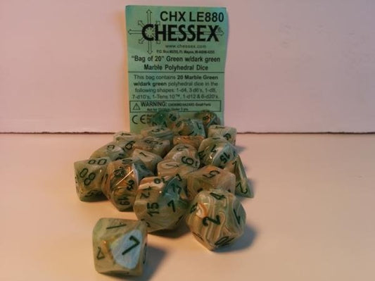 Chessex Dice Bag of 20 Menagerie Marble with green (*See Per Order Flat Rate Shipping)