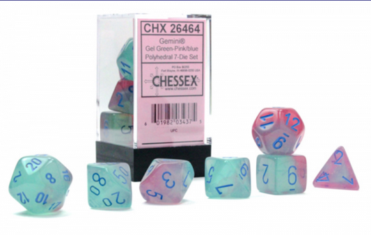 Chessex Dice Gemini Gel Green - Pink/Blue Poly 7 Dice Set (*See Per Order Flat Rate Shipping)