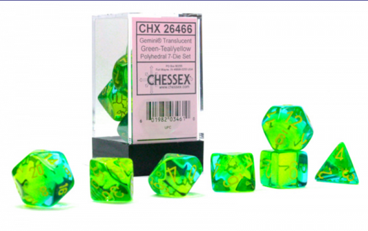 Chessex Dice Gemini Translucent Green - Teal/Yellow Poly 7 Dice Set (*See Per Order Flat Rate Shipping)