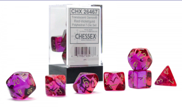 Chessex Dice set Gemini Translucent Red - Violet/Gold Poly 7 Dice Set (*See Per Order Flat Rate Shipping)