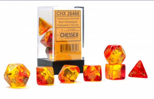 Chessex Gemini Translucent Red - Yellow/Gold Poly 7 dice set (*See Per Order Flat Rate Shipping)